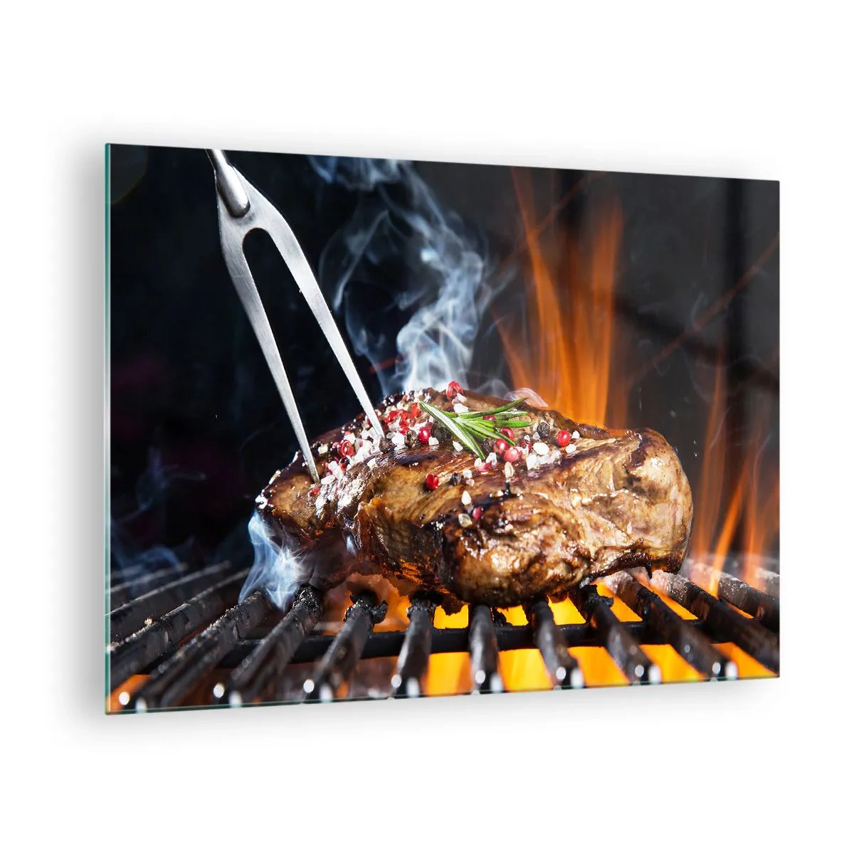 Quadro em vidro - Bife grelhado com especiarias na grelha - 70x50cm - Suculenta e de bom cheiro - Decoração de parede moderna para a sala de estar e quarto ARTTOR
