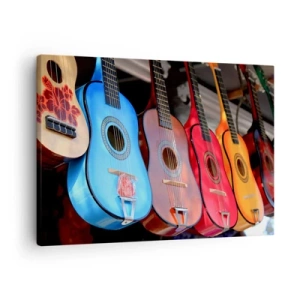 Quadro em tela - Violões acústicos coloridos pendurados em uma fileira em exposição - 70x50cm - Vibrações latinas - Decoração de parede moderna para a sala de estar e quarto ARTTOR