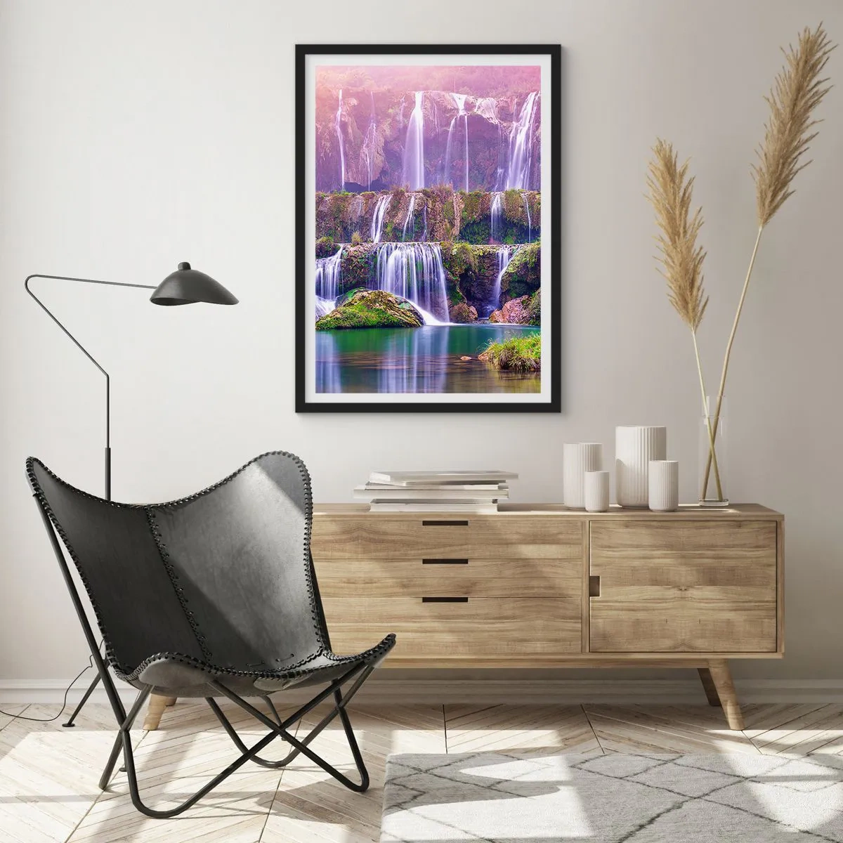 Pôster com moldura preta - Uma cachoeira cercada por vegetação - 50x70cm - Escadas para o céu - Decoração de parede moderna para a sala de estar e quarto ARTTOR