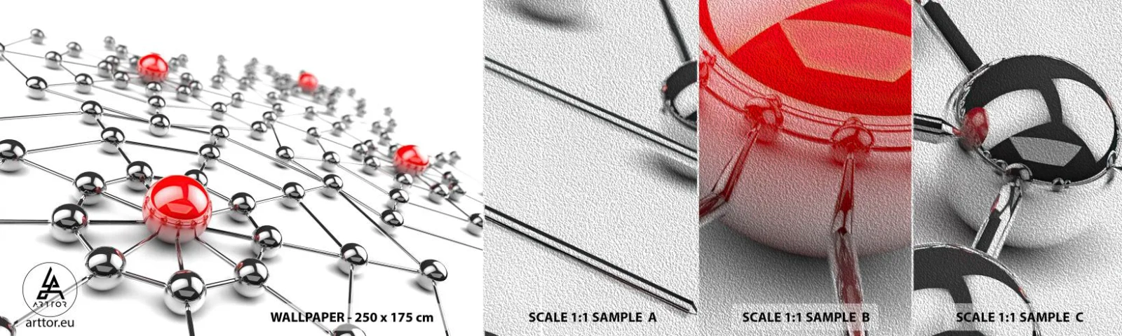 Amostra de papel de parede Premium Sand - Rede de Prata - Abstração, Bolas Metálicas, 3D - 100x30 cm