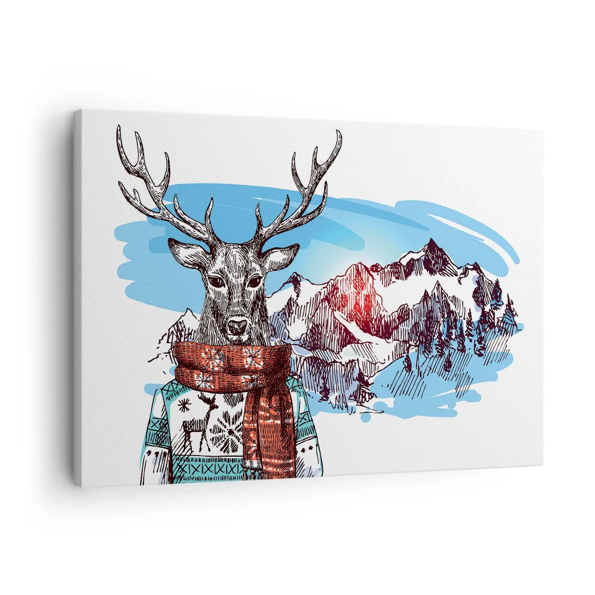 Quadro em tela - Um veado com um suéter de inverno contra uma paisagem montanhosa - 70x50cm - Nem o veado passa frio - Decoração de parede moderna para a sala de estar e quarto ARTTOR