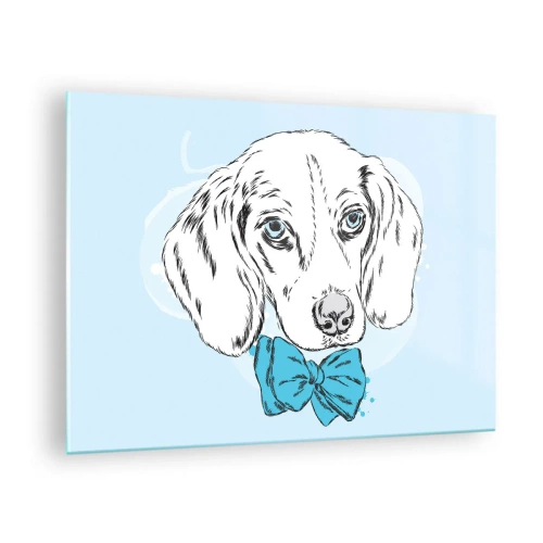 Quadro em vidro - Desenho de um cachorro com gravata borboleta em fundo azul - 70x50cm - Elegância canina - Decoração de parede moderna para a sala de estar e quarto ARTTOR