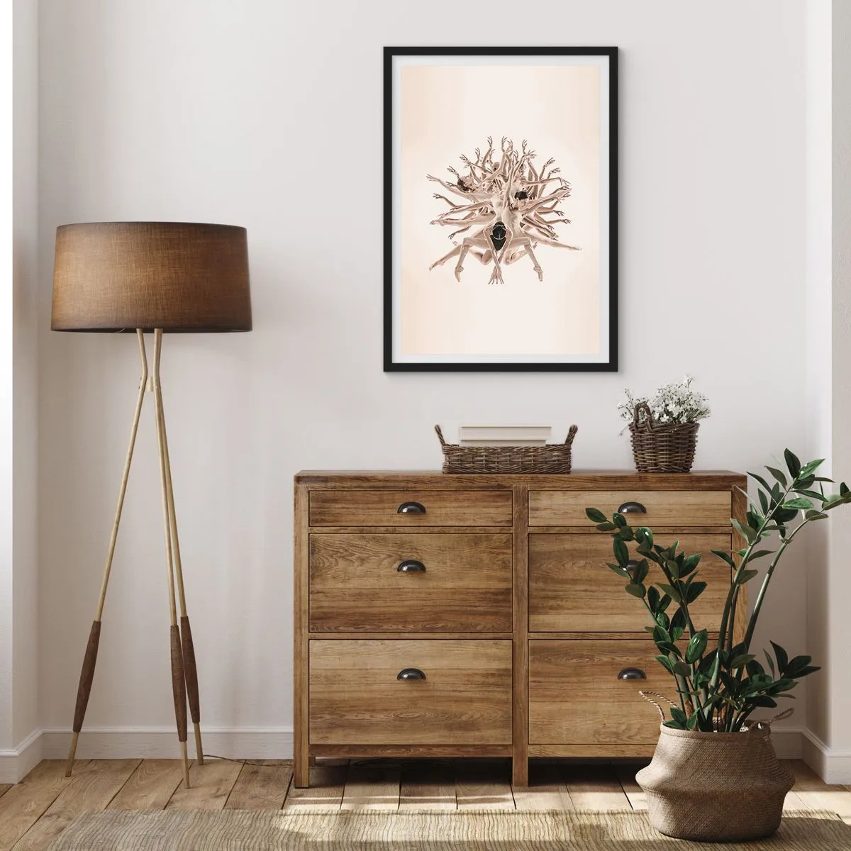 Pôster com moldura preta - Uma composição artística de uma dançarina em delicadas cores bege. - 50x70cm - Florescendo na dança - Decoração de parede moderna para a sala de estar e quarto ARTTOR