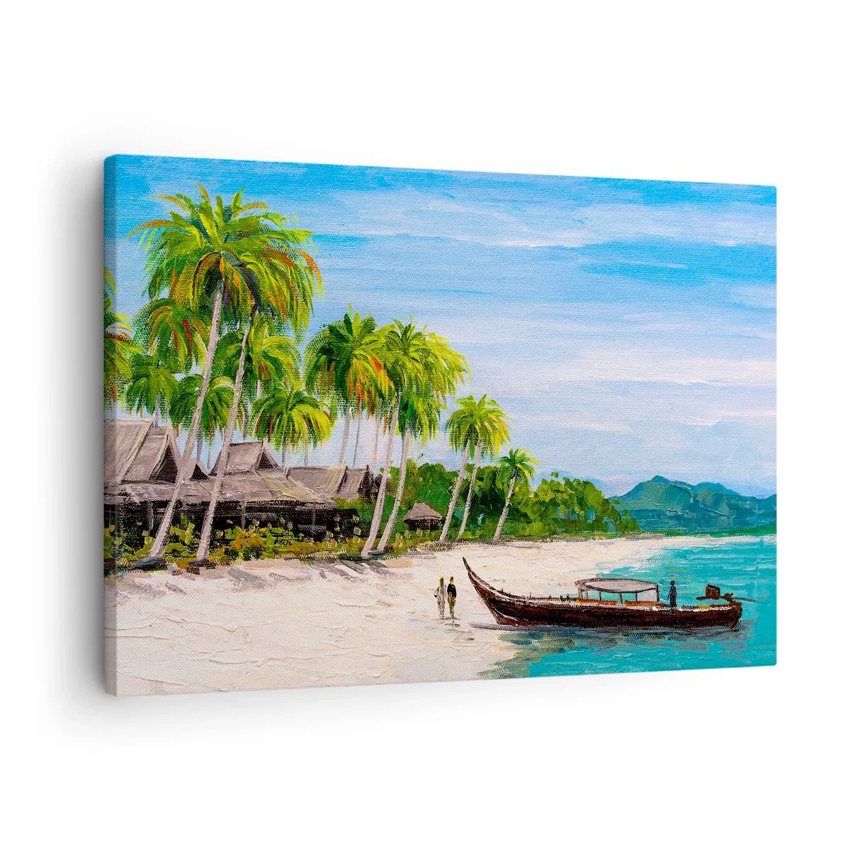 Quadro em tela - Uma praia exótica com palmeiras e um barco na costa - 70x50cm - Um sonho exótico - Decoração de parede moderna para a sala de estar e quarto ARTTOR