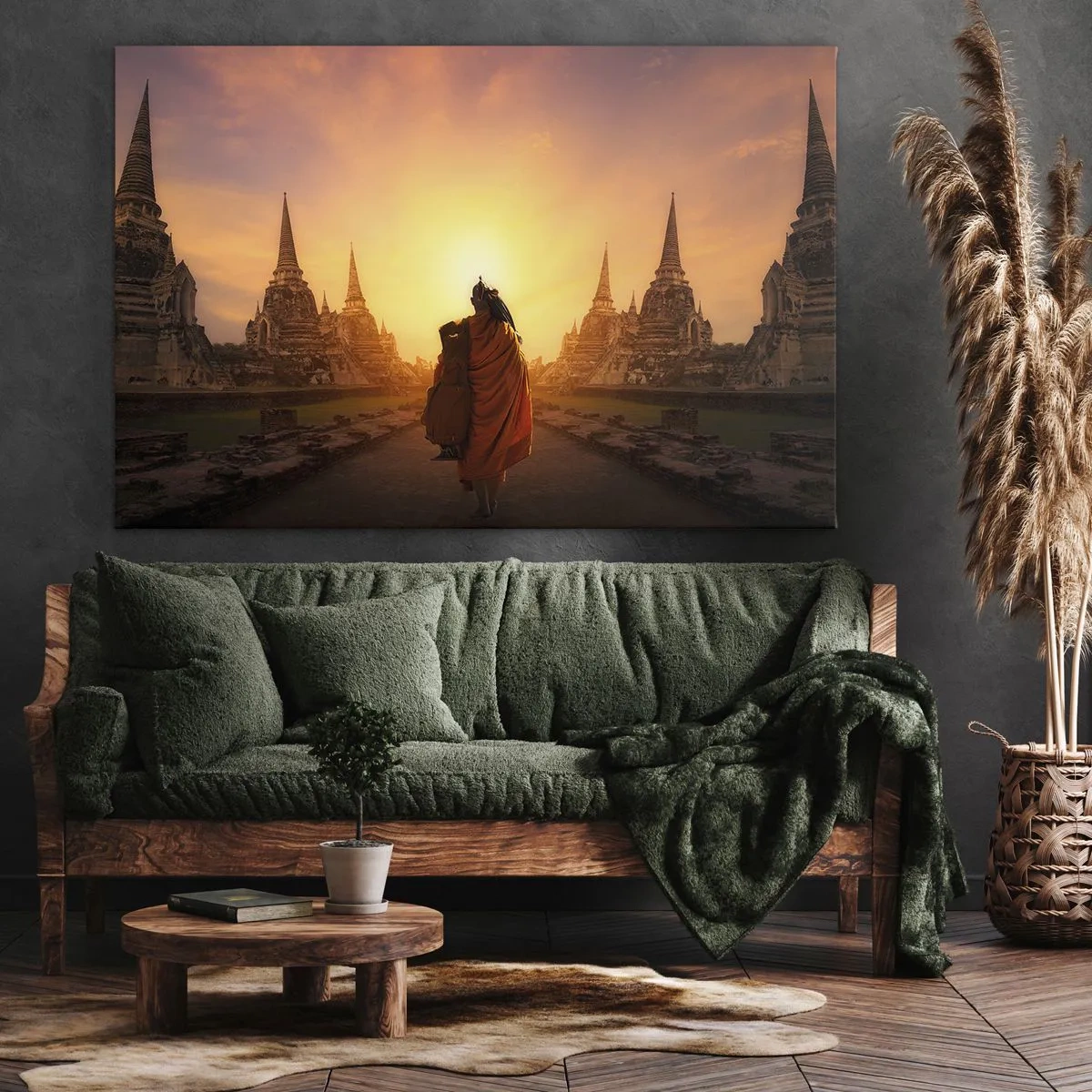 Quadro em tela - Um monge entre os templos ao pôr do sol - 70x50cm - Em paz para a eternidade - Decoração de parede moderna para a sala de estar e quarto ARTTOR