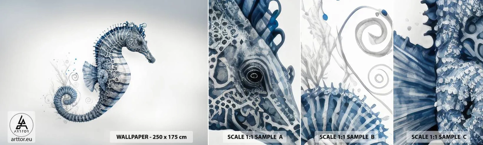 Amostra de papel de parede autocolante Deluxe Sticker - Uma piada sutil da natureza - Cavalo marinho, Beira-mar, Recife de corais - 100x30 cm