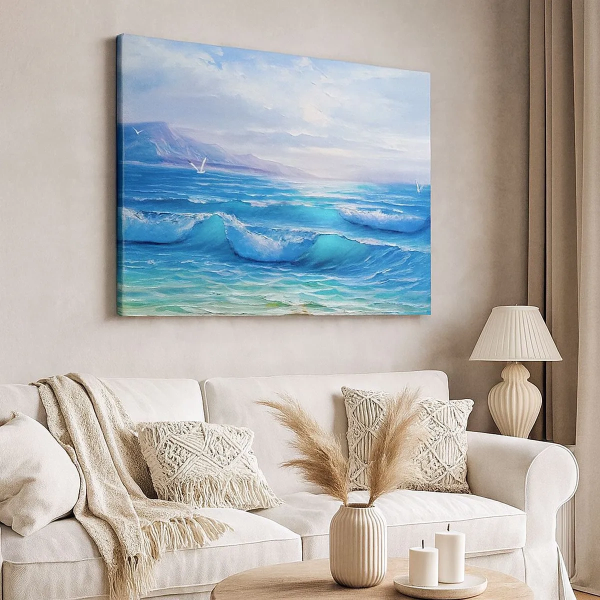 Quadro em tela - Uma paisagem marinha pitoresca com ondas e um céu azul - 70x50cm - Conforta e consola - Decoração de parede moderna para a sala de estar e quarto ARTTOR