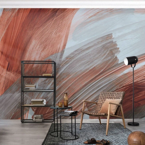 Papel de Parede Standard Eco - Pinceladas dinâmicas em tons de vermelho e cinza. - 100x70cm - Abstração de outono e vento - Decoração de parede moderna para a sala de estar e quarto ARTTOR