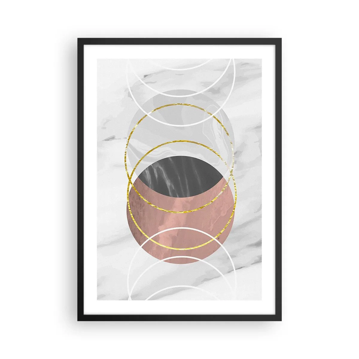 Pôster com moldura preta - Composição abstrata com círculos e detalhes dourados - 50x70cm - Música das esferas - Decoração de parede moderna para a sala de estar e quarto ARTTOR