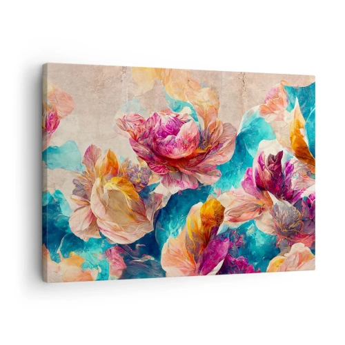 Quadro em tela - Flores coloridas em um fundo bege - 70x50cm - Esplendor colorido do buquê - Decoração de parede moderna para a sala de estar e quarto ARTTOR