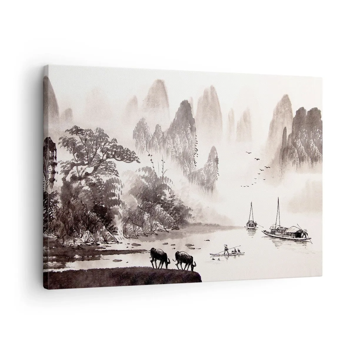 Quadro em tela - Uma paisagem pitoresca de estilo asiático com montanhas enevoadas - 70x50cm - O cotidiano exótico do Oriente - Decoração de parede moderna para a sala de estar e quarto ARTTOR