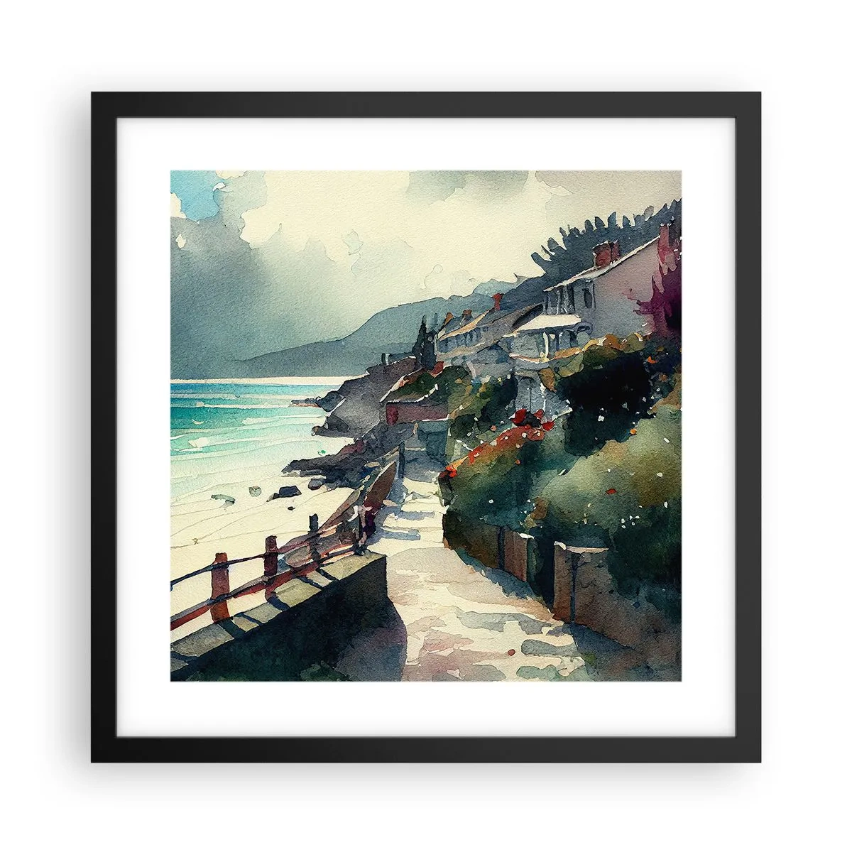 Pôster com moldura preta - Cidade mediterrânea - 40x40 cm