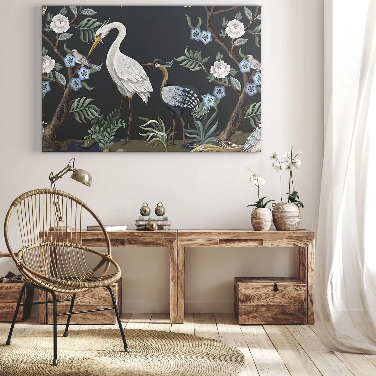 Quadro em tela - Pássaros e plantas pintados em um fundo escuro com um padrão elegante - 70x50cm - Desfile de pássaros - Decoração de parede moderna para a sala de estar e quarto ARTTOR