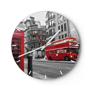 Relógio de parede - Relógio em vidro - Um ônibus vermelho e uma cabine telefônica tendo como pano de fundo as ruas de Londres. - 30x30cm - O mais vermelho da Europa - Decoração de parede moderna para a sala de estar, cozinha e quarto ARTTOR