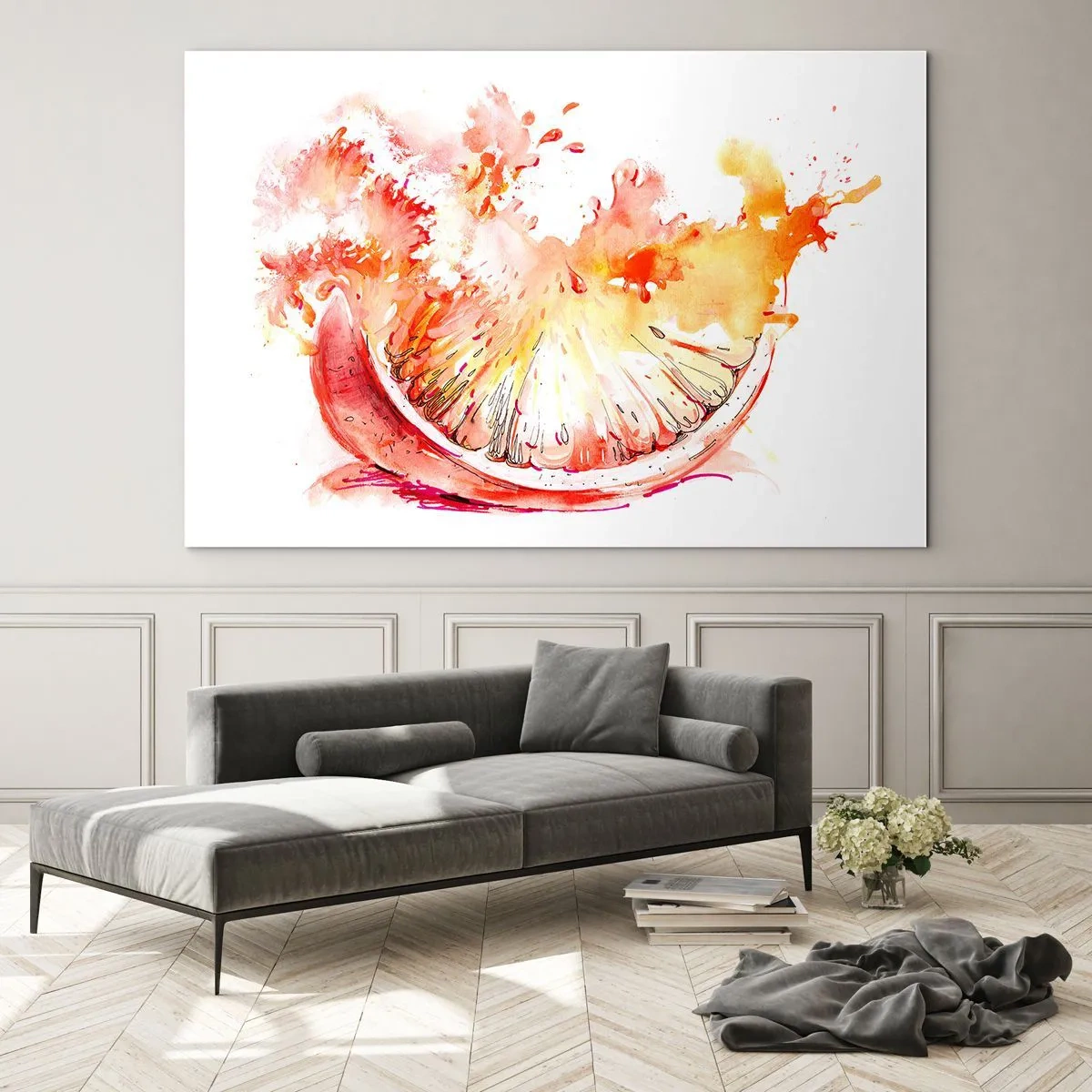 Quadro em vidro - Pintura em aquarela de um suculento segmento de toranja em movimento - 70x50cm - Refresco suculento - Decoração de parede moderna para a sala de estar e quarto ARTTOR