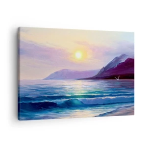 Quadro em tela - Uma paisagem marinha pitoresca ao pôr do sol com ondas e montanhas - 70x50cm - Cristal de água e ar - Decoração de parede moderna para a sala de estar e quarto ARTTOR