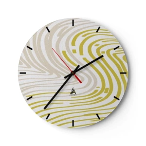 Relógio de parede - Relógio em vidro - Linhas abstratas em bege e amarelo criam um padrão espiralado. - 30x30cm - Uma composição com uma curvatura suave - Decoração de parede moderna para a sala de estar, cozinha e quarto ARTTOR