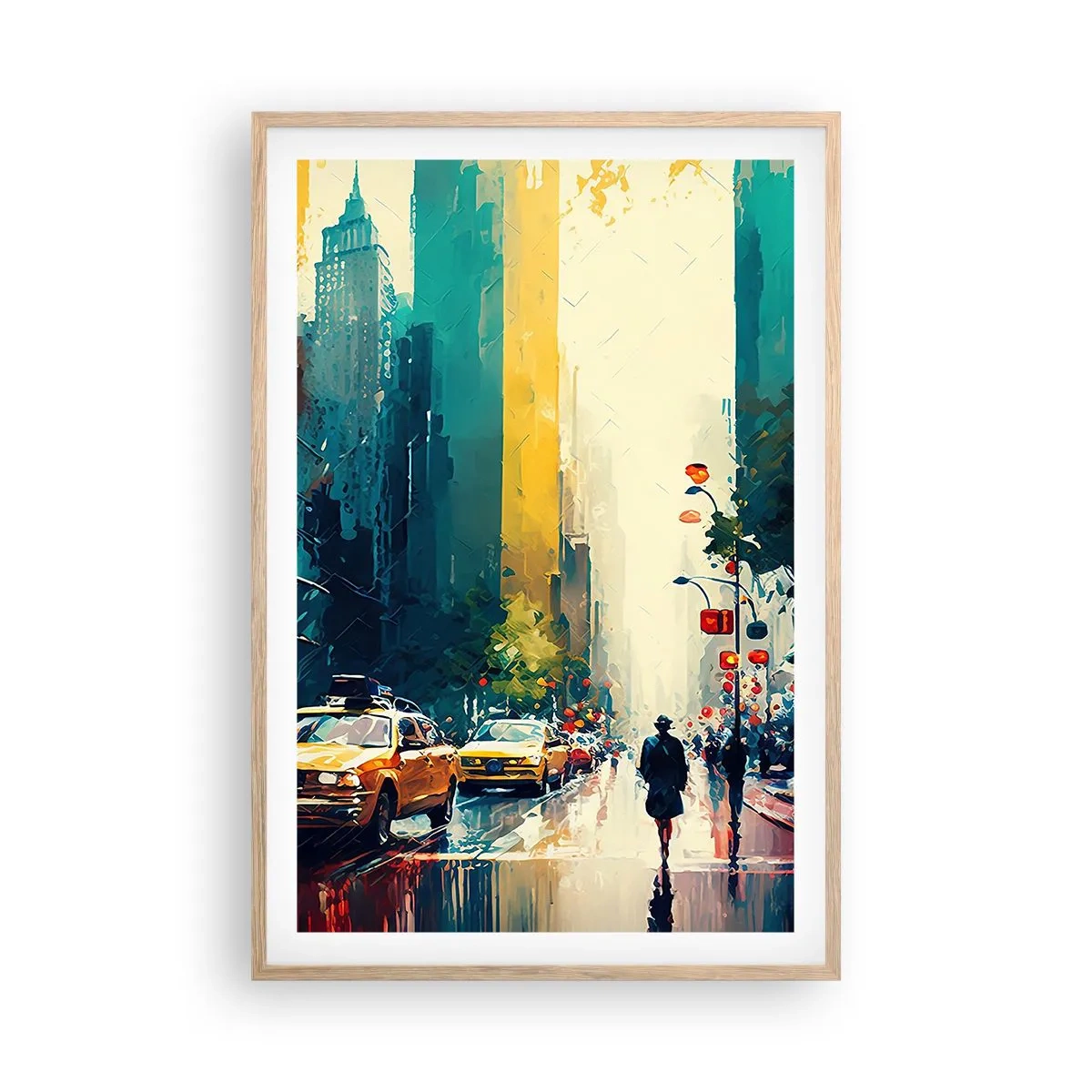 Pôster com moldura de carvalho claro - Nova York – até a chuva é colorida aqui - 61x91 cm