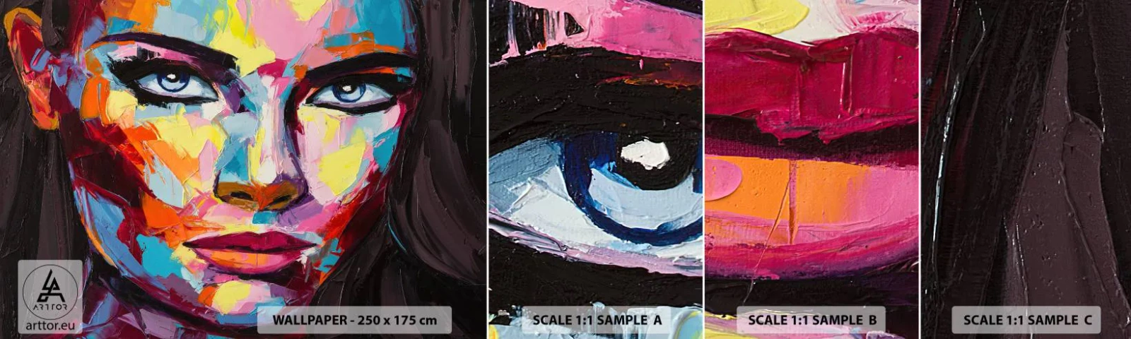 Amostra de papel de parede autocolante Deluxe Sticker - A alma também é colorida - Retrato de uma mulher, Face, Pedaço - 100x30 cm