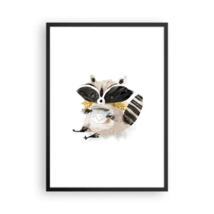 Pôster com moldura preta - Um desenho de um guaxinim usando um cachecol e segurando uma xícara de chá. - 50x70cm - O meu amigo guaxinim - Decoração de parede moderna para a sala de estar e quarto ARTTOR