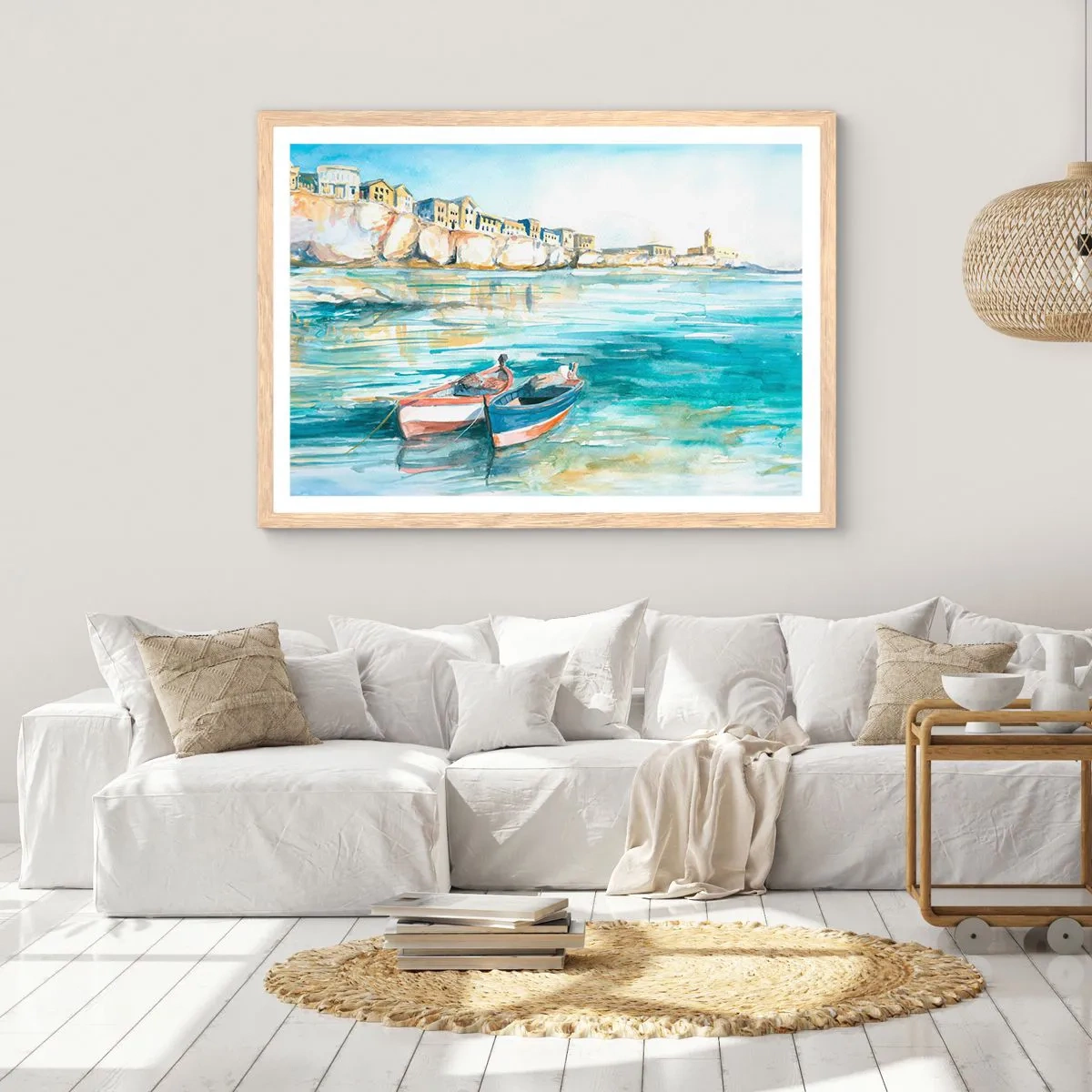 Pôster com moldura de carvalho claro - Paisagem em azul - 91x61 cm