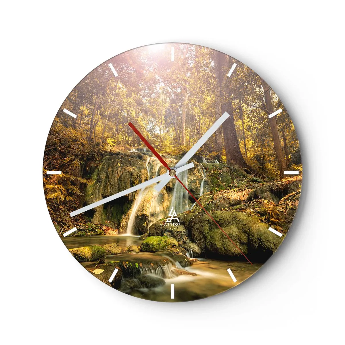 Relógio de parede - Relógio em vidro - Cachoeira da floresta ao sol - 30x30cm - Cascata na floresta - Decoração de parede moderna para a sala de estar, cozinha e quarto ARTTOR