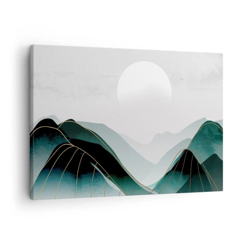Quadro em tela - Paisagem montanhosa abstrata com a lua e linhas douradas - 70x50cm - Em plena majestade - Decoração de parede moderna para a sala de estar e quarto ARTTOR