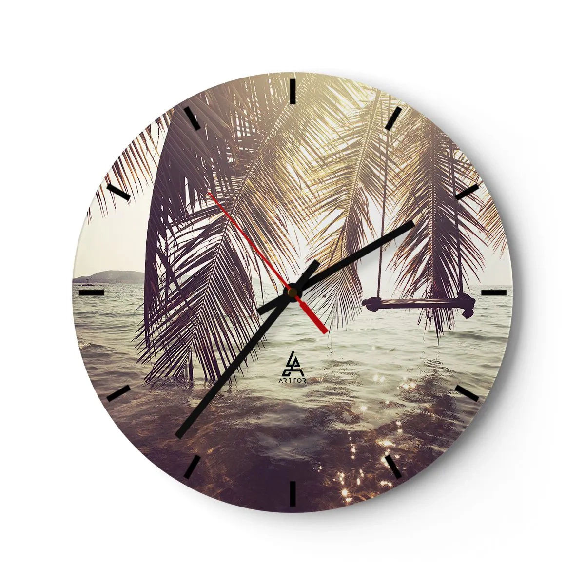 Relógio de parede - Relógio em vidro - Redes e palmeiras sobre a água ao pôr do sol - 30x30cm - Deixe-se levar pela imaginação - Decoração de parede moderna para a sala de estar, cozinha e quarto ARTTOR