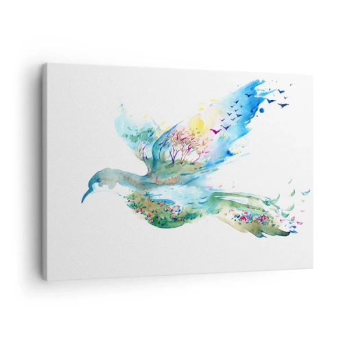 Quadro em tela - Composição em aquarela de um pássaro com elementos da natureza - 70x50cm - Nas asas da natureza - Decoração de parede moderna para a sala de estar e quarto ARTTOR