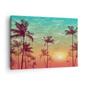 Quadro em tela - Pôr do sol com palmeiras contra um céu colorido - 70x50cm - Climas tropicais - Decoração de parede moderna para a sala de estar e quarto ARTTOR