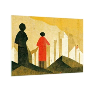 Quadro em vidro - Silhuetas geométricas de figuras entre formas altas contra o fundo de um céu amarelo - 70x50cm - Ainda há um longo caminho a percorrer - Decoração de parede moderna para a sala de estar e quarto ARTTOR