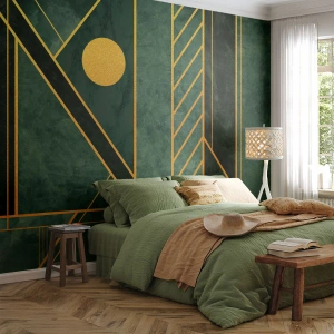 Papel de Parede Premium Canvas - A dinâmica do ouro e do azul - Abstração, Pedaço, Padrão Geométrico - 400x280 cm