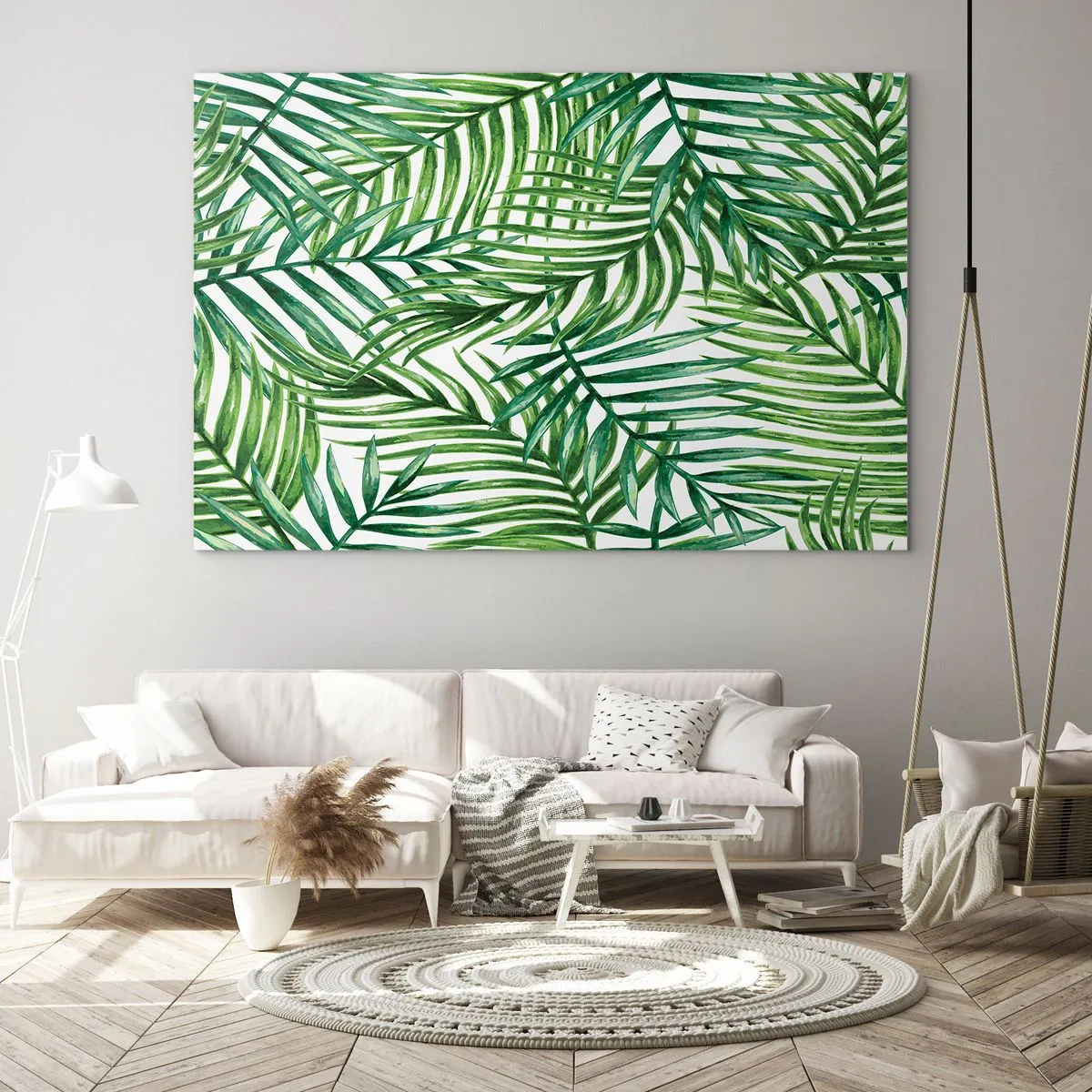 Quadro em vidro - Folhas de palmeira verdes sobre fundo branco criando um padrão geométrico - 70x50cm - Sob as folhas verdes - Decoração de parede moderna para a sala de estar e quarto ARTTOR