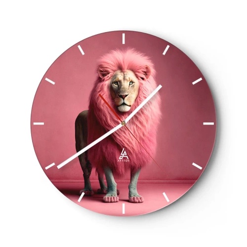 Relógio de parede - Relógio em vidro - Um leão com uma juba intensamente rosa sobre um fundo da mesma cor - 30x30cm - Não tens mais medo - Decoração de parede moderna para a sala de estar, cozinha e quarto ARTTOR