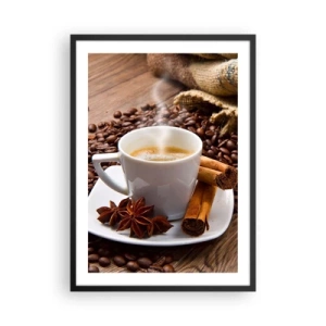 Pôster com moldura preta - Uma xícara de café com especiarias em um fundo de grãos de café - 50x70cm - Sabor e aroma picantes - Decoração de parede moderna para a sala de estar e quarto ARTTOR