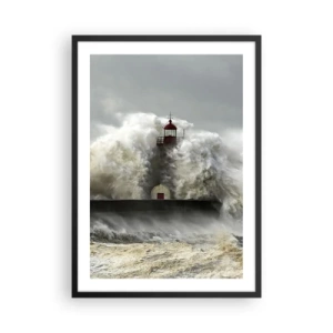 Pôster com moldura preta - Um farol cercado por ondas fortes - 50x70cm - A ira do oceano - Decoração de parede moderna para a sala de estar e quarto ARTTOR