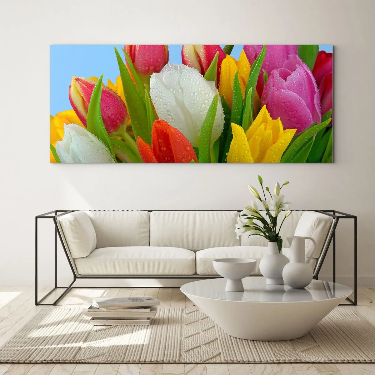 Quadro em vidro - Arco-íris floral em gotas de orvalho - 160x50 cm