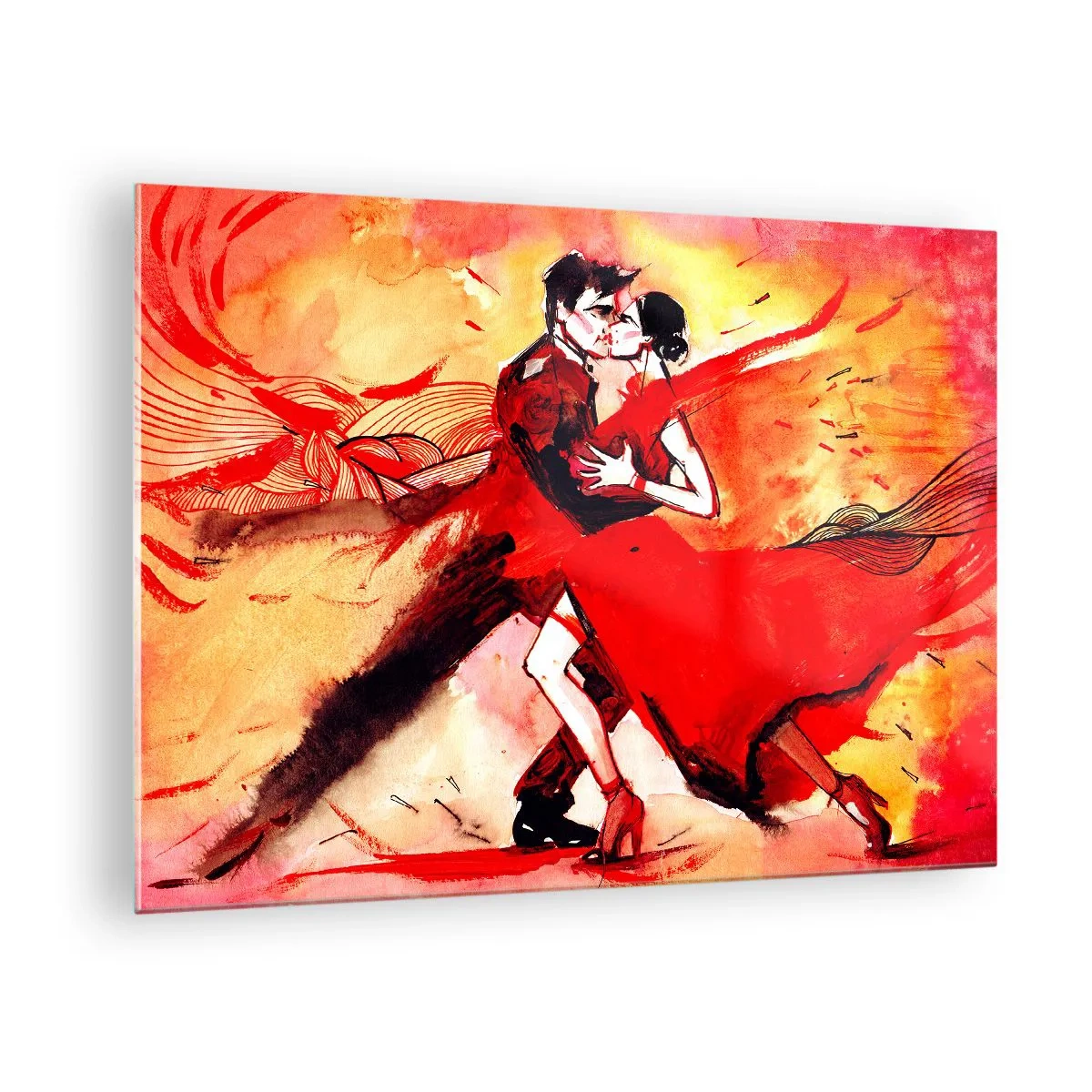 Quadro em vidro - Um casal dançando em uma composição vermelha dinâmica - 70x50cm - O ritmo roxo da paixão - Decoração de parede moderna para a sala de estar e quarto ARTTOR