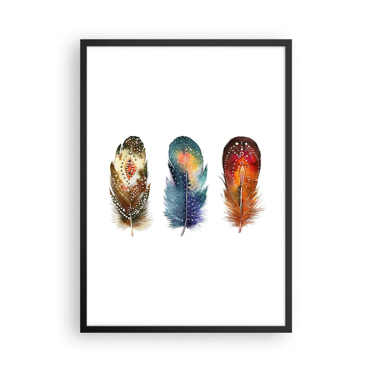 Pôster com moldura preta - Penas coloridas em estilo artístico sobre fundo branco - 50x70cm - Rituais, ritos, mistérios - Decoração de parede moderna para a sala de estar e quarto ARTTOR