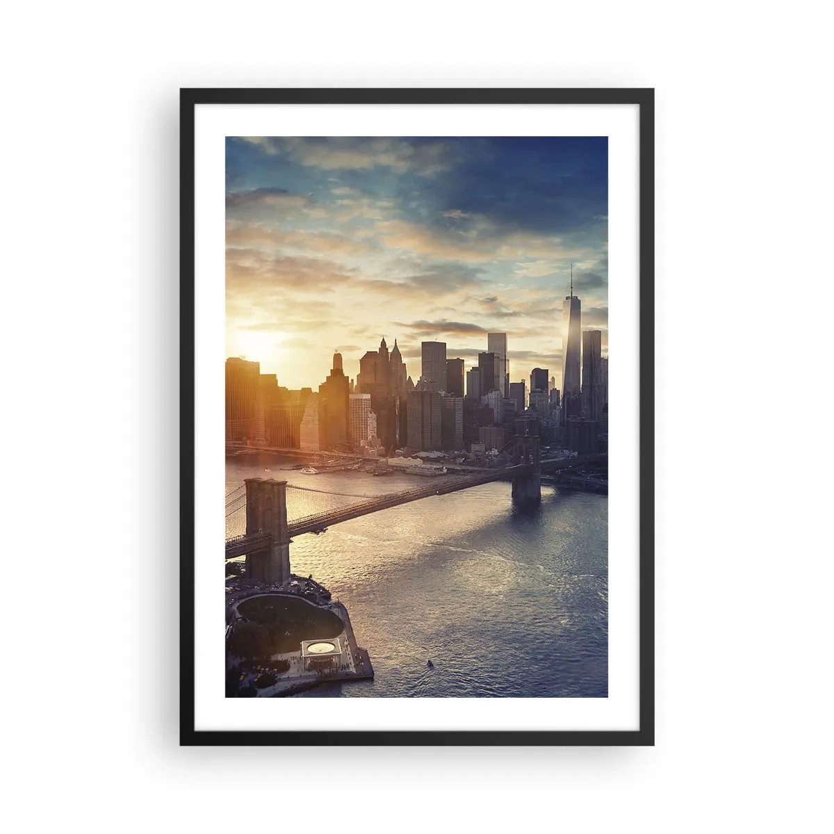 Pôster com moldura preta - Vista de Manhattan ao pôr do sol com a Ponte do Brooklyn - 50x70cm - Monumento da cultura ocidental - Decoração de parede moderna para a sala de estar e quarto ARTTOR