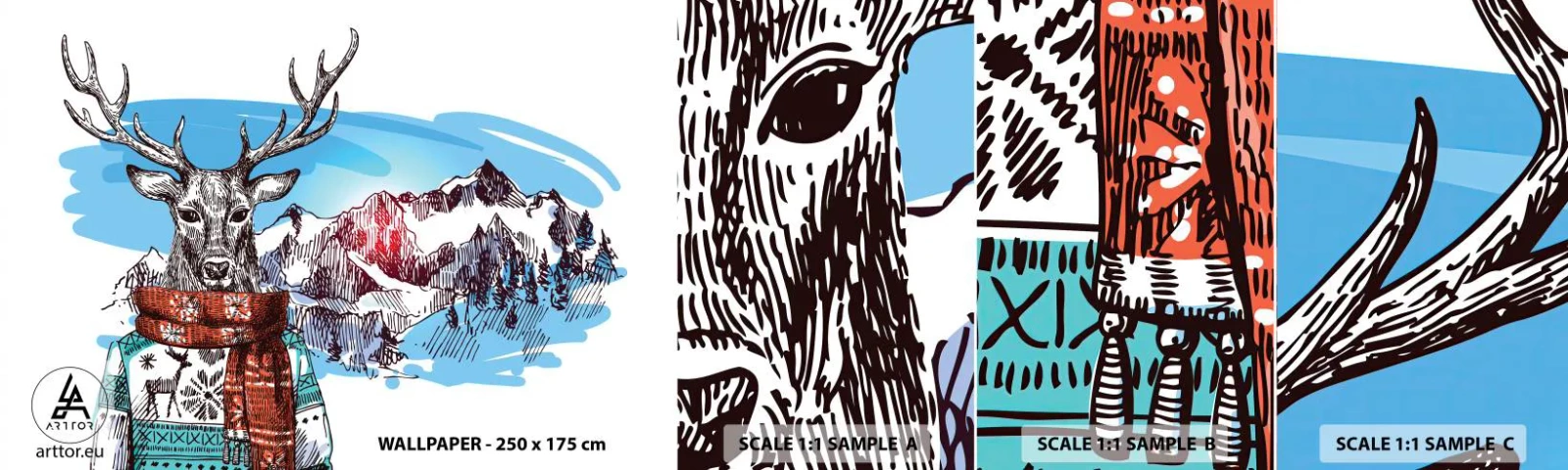Amostra de Papel de Parede Standard Eco - Nem o veado passa frio - Abstração, Cervo, Para crianças - 100x30 cm