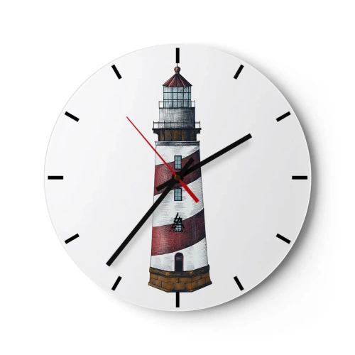 Relógio de parede - Relógio em vidro - Um farol com listras vermelhas e brancas em um fundo branco - 30x30cm - Sempre em guarda - Decoração de parede moderna para a sala de estar, cozinha e quarto ARTTOR