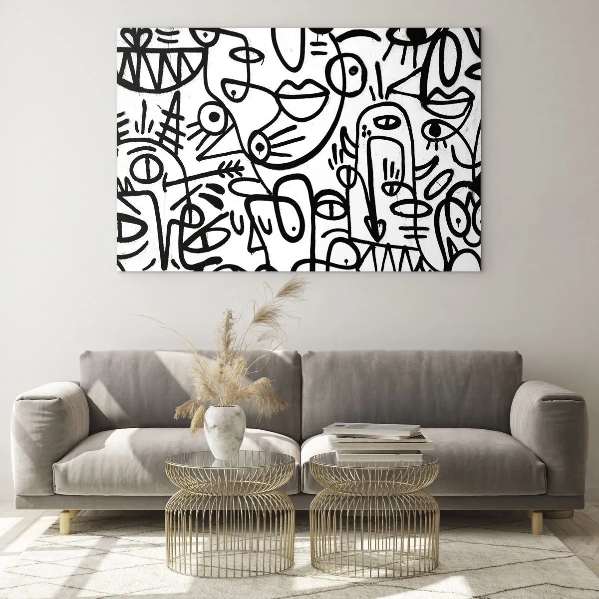 Quadro em vidro - Abstração em preto e branco com olhos, rostos e linhas - 70x50cm - Rostos e miragens - Decoração de parede moderna para a sala de estar e quarto ARTTOR