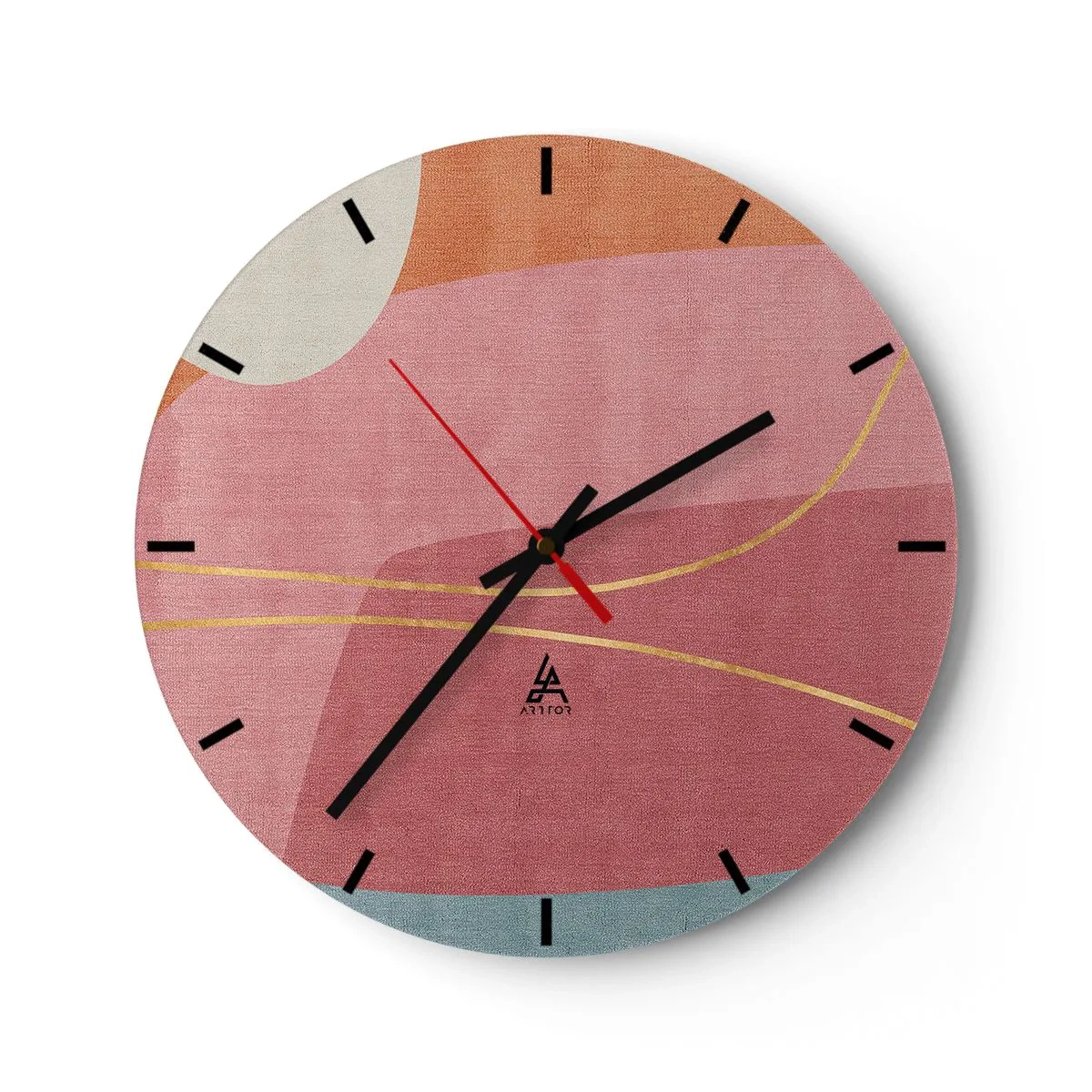 Relógio de parede - Relógio em vidro - Formas pastéis com linhas rosa e douradas no fundo - 30x30cm - Composição pastel com fio dourado - Decoração de parede moderna para a sala de estar, cozinha e quarto ARTTOR