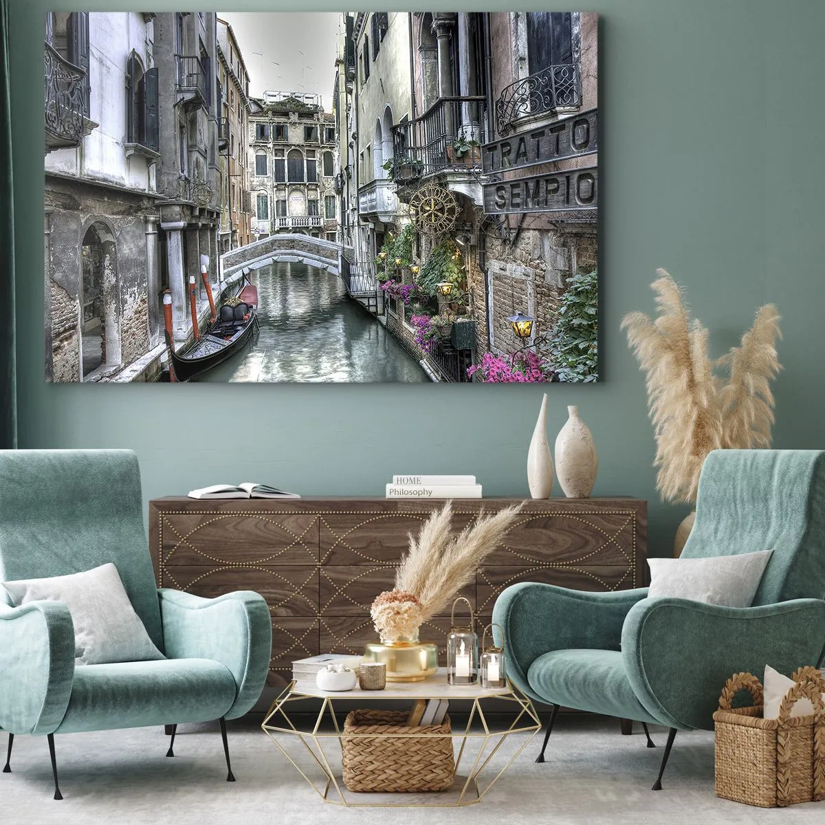 Quadro em tela - Canal veneziano com gôndola e ponte de pedra - 70x50cm - Há séculos em devaneio silencioso - Decoração de parede moderna para a sala de estar e quarto ARTTOR