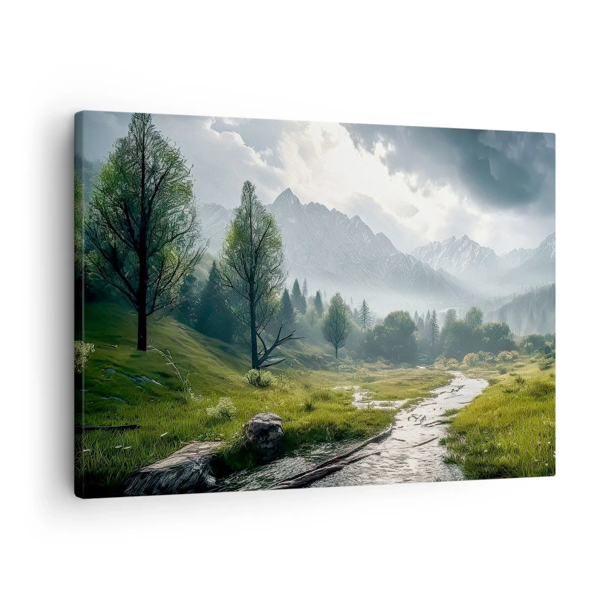 Quadro em tela - Uma paisagem montanhosa com um rio e árvores cercadas por montanhas enevoadas - 70x50cm - Ida e volta - Decoração de parede moderna para a sala de estar e quarto ARTTOR