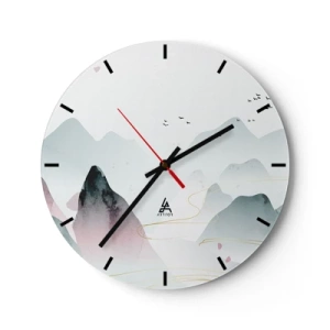 Relógio de parede - Relógio em vidro - Uma paisagem montanhosa minimalista em tons pastéis com pássaros voando. - 30x30cm - Acima dos picos - Decoração de parede moderna para a sala de estar, cozinha e quarto ARTTOR