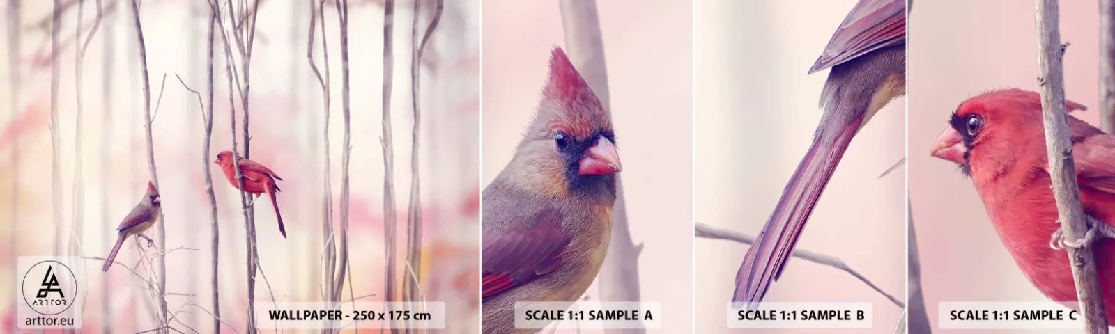Amostra de papel de parede autocolante Deluxe Sticker - O Conto da floresta rosa - Pássaro, Natureza, Floresta - 100x30 cm