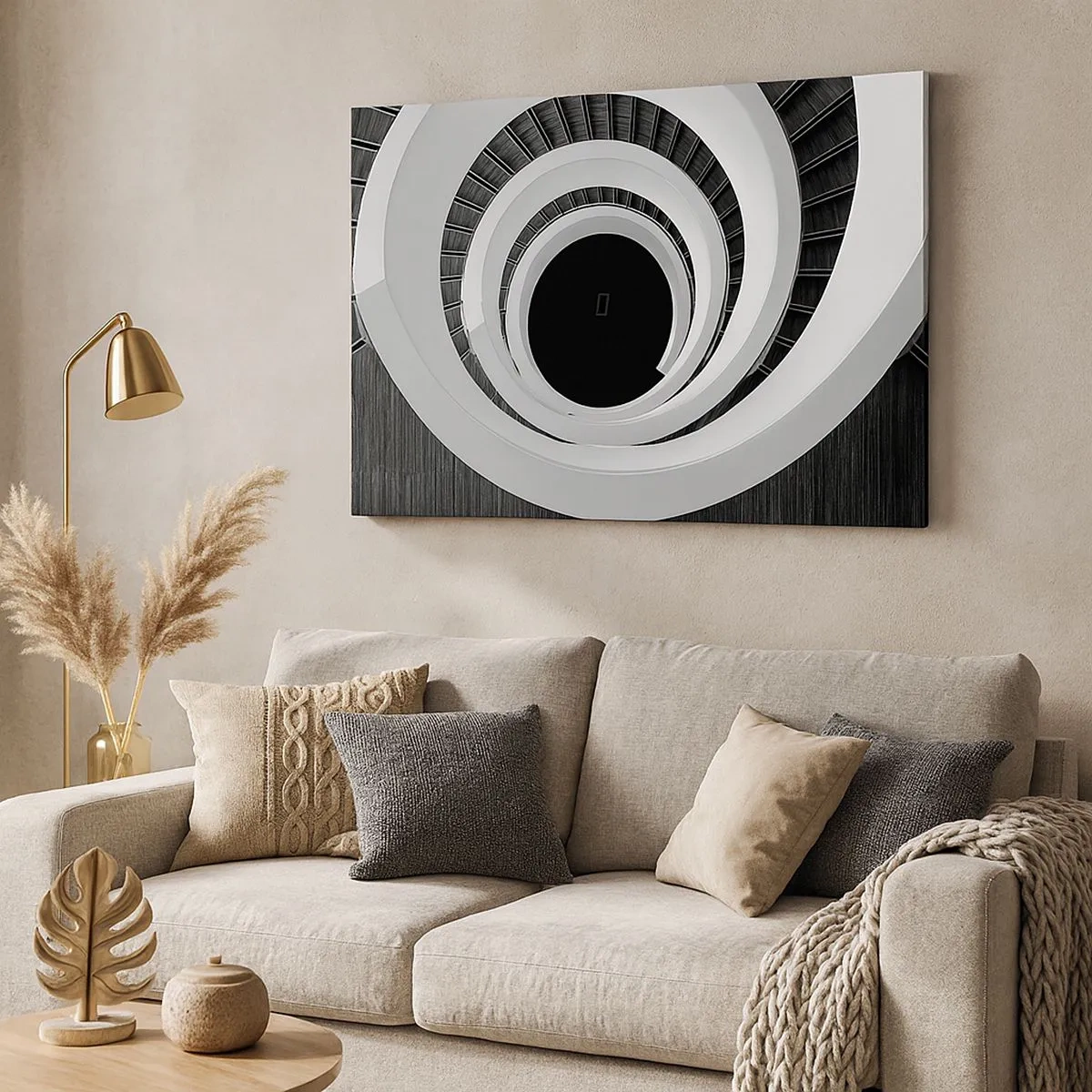 Quadro em tela - Escada em espiral preta e branca em estilo moderno - 70x50cm - Ao âmago - Decoração de parede moderna para a sala de estar e quarto ARTTOR