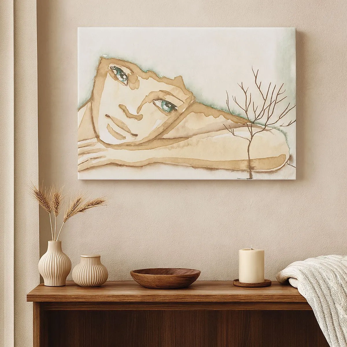 Quadro em tela - Retrato artístico de uma mulher em tons pastel - 70x50cm - A árvore da poesia cresce do silêncio - Decoração de parede moderna para a sala de estar e quarto ARTTOR